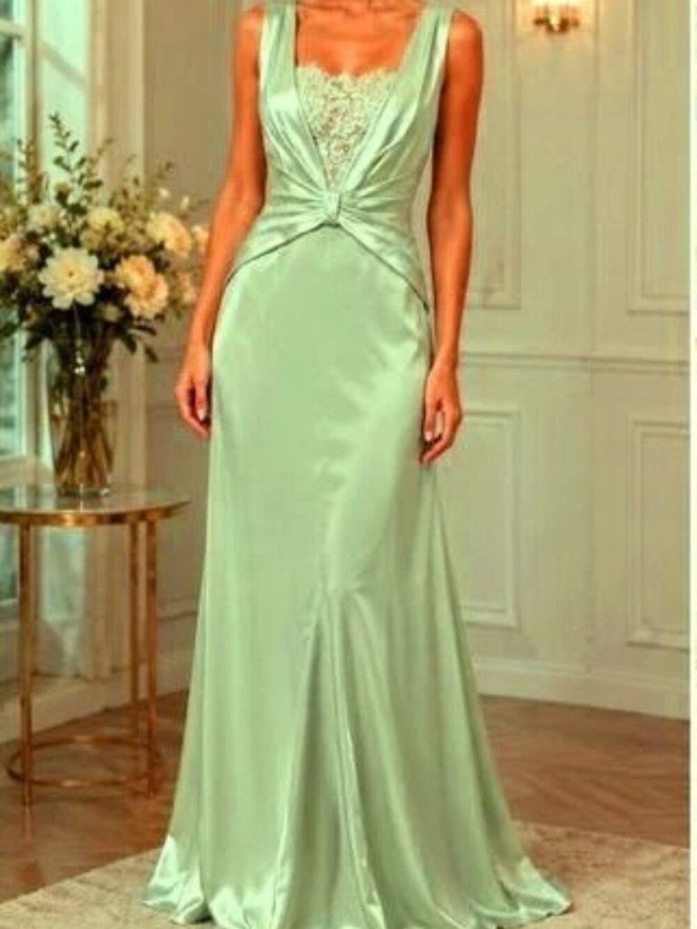 Montage By Mon Cheri Mint Green Beaded Embroidered Satin Crepe Gown